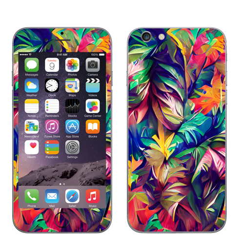 Наклейка на Телефон Apple iPhone 6, 6s Красочные тропические листья,  купить в Москве – интернет-магазин Allskins, психоделика, листья, тропики, лес, яркий, паттерн, абстракция, цвет, экзотика, оригинальность