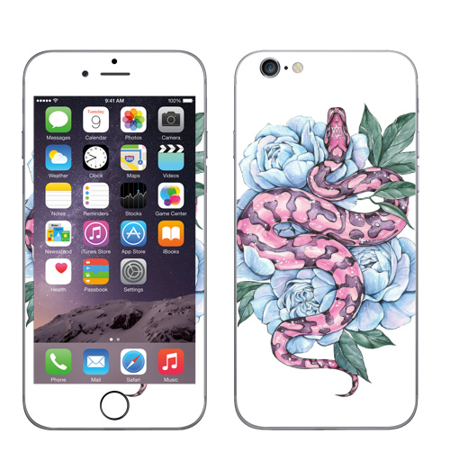 Наклейка на Телефон Apple iPhone 6, 6s Змея и голубые пионы,  купить в Москве – интернет-магазин Allskins, змея, татуировки, пион, цветы, ботаника, акварель, нежно, лес, розовый, голубой, дерзкий, летний, зеленые, рептилии