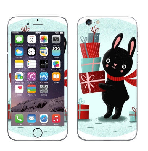 Наклейка на Телефон Apple iPhone 6, 6s Черный кролик с подарками,  купить в Москве – интернет-магазин Allskins, кролики, заяц, читатель, новый год, символ, черный, красный, бирюзовый, символ_года, подарки