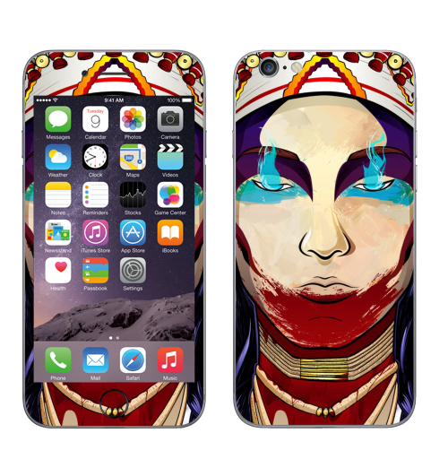 Наклейка на Телефон Apple iPhone 6, 6s Greed,  купить в Москве – интернет-магазин Allskins, женские, уборы, головные, Индианка, перья, кровь, дух, девушка, индеец, 300 Лучших работ