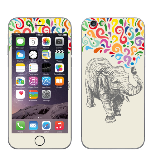 Наклейка на Телефон Apple iPhone 6, 6s Слон,  купить в Москве – интернет-магазин Allskins, 300 Лучших работ, животные, графика, брызги, слоны, разноцветное, фонтан