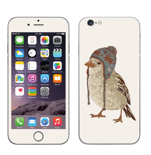 Наклейка на Телефон Apple iPhone 6, 6s Птица в шапке,  купить в Москве – интернет-магазин Allskins, 300 Лучших работ, пипстер, шапка, птицы, зима, новый год, коричневый, крутые животные