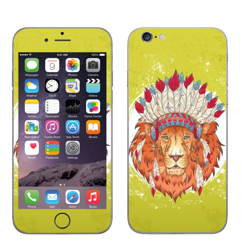 Наклейка на Телефон Apple iPhone 6, 6s ВОЖДЬ ЗВЕРЕЙ,  купить в Москве – интернет-магазин Allskins, индеец, животные, лев, иллюстация, перья