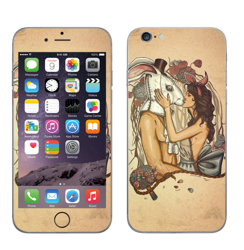 Наклейка на Телефон Apple iPhone 6, 6s Кроликачасы,  купить в Москве – интернет-магазин Allskins, заяц, любовь, цветы, время, девушка, красота