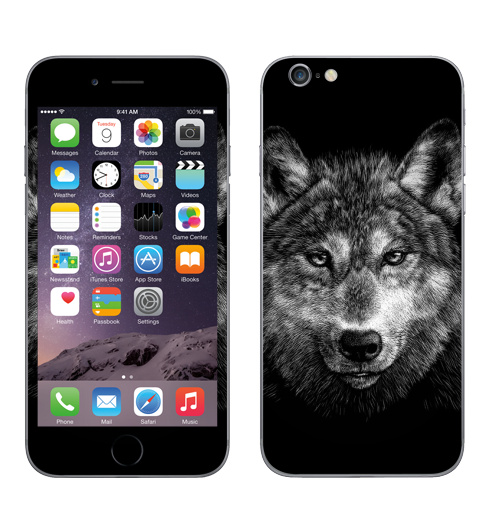 Наклейка на Телефон Apple iPhone 6, 6s Волчище,  купить в Москве – интернет-магазин Allskins, морда, животные, волк, полностьючерный, 300 Лучших работ