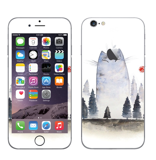 Наклейка на Телефон Apple iPhone 6 с яблоком Кот туманный,  купить в Москве – интернет-магазин Allskins, акварель, туман, лес, кошка