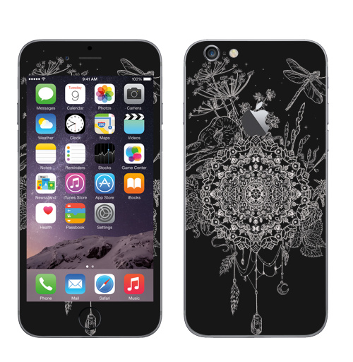 Наклейка на Телефон Apple iPhone 6 с яблоком Русское поле,  купить в Москве – интернет-магазин Allskins, графика, череп, птицы, стрекоза, мандала, узор, ловец, крапива, черный