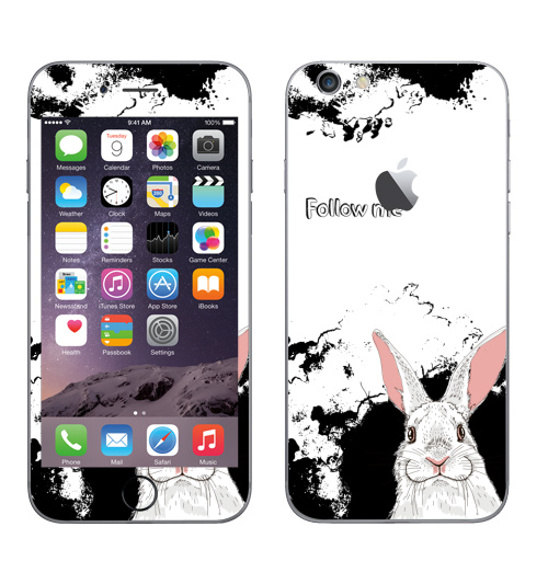 Наклейка на Телефон Apple iPhone 6 с яблоком Следуй за белым кроликом,  купить в Москве – интернет-магазин Allskins, надписи на английском, заяц, белый, графика, надписи, черный, черно-белое, кролики, животные, зима