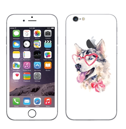 Наклейка на Телефон Apple iPhone 6 с яблоком Модная собака,  купить в Москве – интернет-магазин Allskins, крутые животные, милые животные, мило, хаски, розовый, очки, акварель, собаки, детские