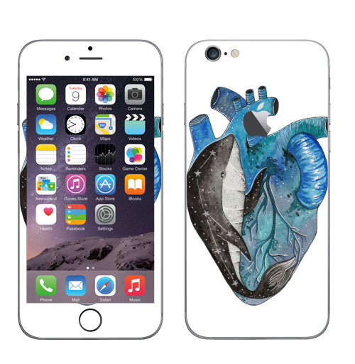Наклейка на Телефон Apple iPhone 6 с яблоком Космический кит,  купить в Москве – интернет-магазин Allskins, акварель, киты, сердце, космос, созвездие