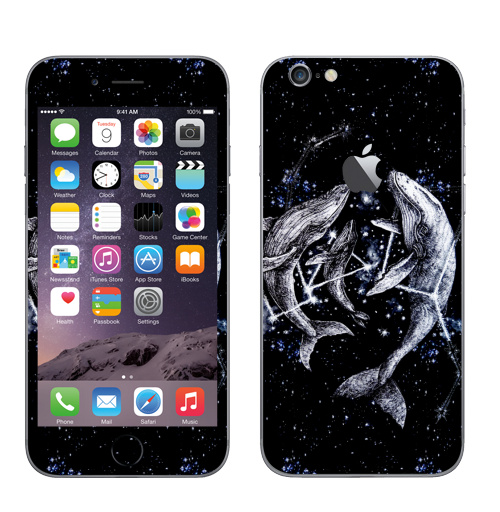 Наклейка на Телефон Apple iPhone 6 с яблоком Межгалактические киты,  купить в Москве – интернет-магазин Allskins, полностьючерный, небо, животные, ночь, звезда, космос, киты