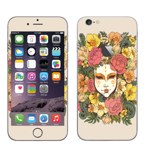 Наклейка на Телефон Apple iPhone 6 с яблоком Цветочная маска,  купить в Москве – интернет-магазин Allskins, весна, лицо, цветы, маска, узор, декоративный, растение, букет, желтый