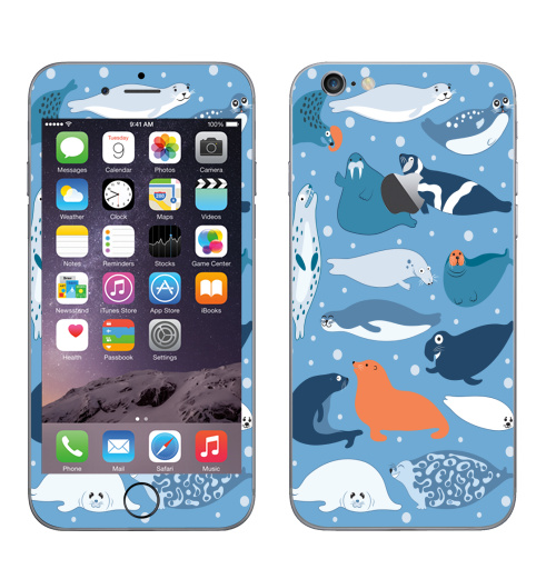 Наклейка на Телефон Apple iPhone 6 с яблоком Ластоногие,  купить в Москве – интернет-магазин Allskins, мимими, веселый, забавный, тюлень, тюлени, морж, белёк, голубой, морская
