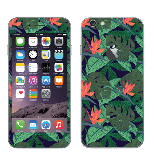Наклейка на Телефон Apple iPhone 6 с яблоком Тропический паттерн,  купить в Москве – интернет-магазин Allskins, сочный, монстера, птицы, рай, цветы, текстура, паттерн, джунгли, тропики
