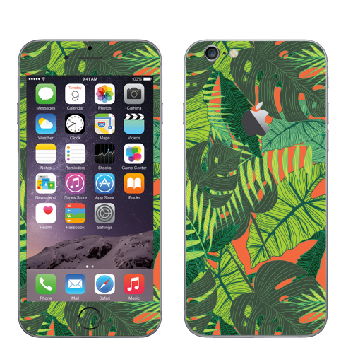 Наклейка на Телефон Apple iPhone 6 с яблоком Тропический принт,  купить в Москве – интернет-магазин Allskins, дистья, монстера, монстры, птицы, цветы, текстура, паттерн, джунгли, тропики