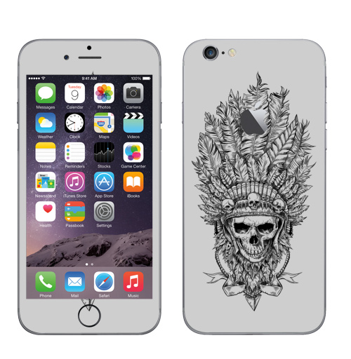 Наклейка на Телефон Apple iPhone 6 с яблоком Вождь и перья,  купить в Москве – интернет-магазин Allskins, одноцветный, индеец, череп, оружие, лицо, синий, мужик, ковбой, графика