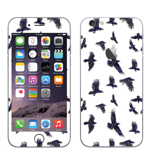 Наклейка на Телефон Apple iPhone 6 с яблоком Стая воронов,  купить в Москве – интернет-магазин Allskins, ворона, птицы, Крылья, готика, бесшовный, акварель