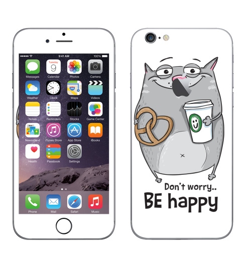 Наклейка на Телефон Apple iPhone 6 с яблоком Будь счастлив с серым котом,  купить в Москве – интернет-магазин Allskins, будь, счастлив