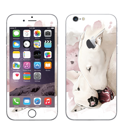 Наклейка на Телефон Apple iPhone 6 с яблоком Влюбленные бультерьеры,  купить в Москве – интернет-магазин Allskins, крутые животные, собаки, бультерьер, любовь, сердце, акварель, нежно, поцелуй, животные, милые животные