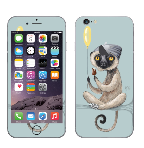 Наклейка на Телефон Apple iPhone 6 с яблоком Лемур и мороженое,  купить в Москве – интернет-магазин Allskins, лемур, животные, сифака, обезьяна, мартышка, шапка, кроссовки, воздушныйшарик, желтый
