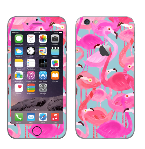 Наклейка на Телефон Apple iPhone 6 с яблоком Фламинго Серый фон,  купить в Москве – интернет-магазин Allskins, мило, птицы, фламинго, розовый, фуксия, сердце, тропики, лето, текстура, фауна