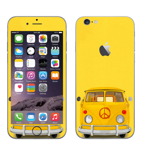 Наклейка на Телефон Apple iPhone 6 с яблоком Хиппи Автобус,  купить в Москве – интернет-магазин Allskins, автобус, хиппи, желтый, иллюстация, диджитал, гранж, бохо