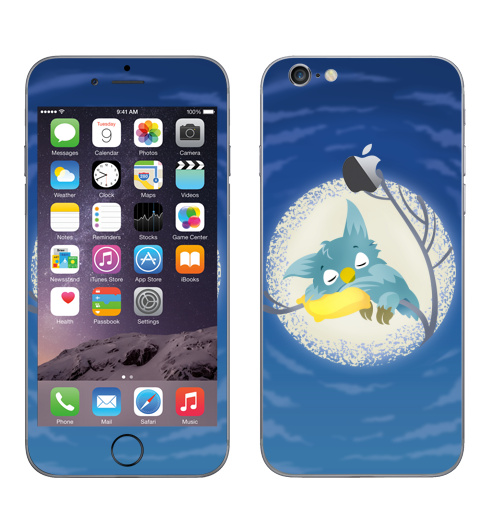 Наклейка на Телефон Apple iPhone 6 с яблоком Спящая сова,  купить в Москве – интернет-магазин Allskins, небо, лес, персонажи, синий, звезда, луна, ночь, сова, птицы