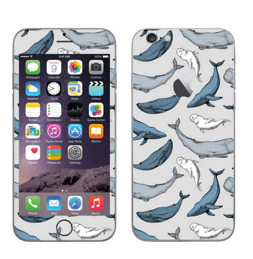 Наклейка на Телефон Apple iPhone 6 с яблоком Киты повсюду,  купить в Москве – интернет-магазин Allskins, вода, океаны, синий, серый, горбатый, кашалот, паттерн, морская, киты