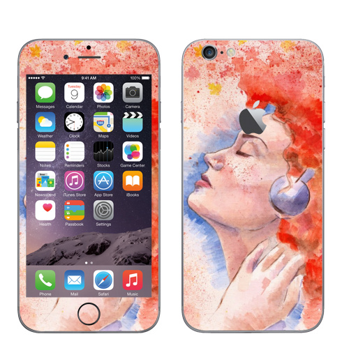 Наклейка на Телефон Apple iPhone 6 с яблоком Растворяясь в музыке,  купить в Москве – интернет-магазин Allskins, девушка, рыжая, музыка, гранж, лицо