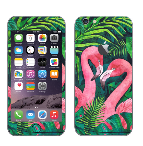 Наклейка на Телефон Apple iPhone 6 с яблоком Тропические Фламинго,  купить в Москве – интернет-магазин Allskins, розовый, фламинго, птицы, тропики, фауна, акварель, лето, зеленый, 14 февраля