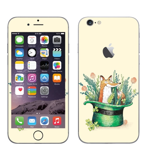 Наклейка на Телефон Apple iPhone 6 с яблоком Ирландский лис,  купить в Москве – интернет-магазин Allskins, лиса, Ирландия, клевер, шляпа