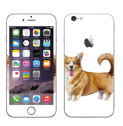 Наклейка на Телефон Apple iPhone 6 с яблоком Акварельный корги,  купить в Москве – интернет-магазин Allskins, корги, акварель, животные, собаки, символ_нового_года, мило, зверушки, рыжии