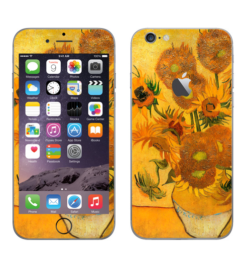 Наклейка на Телефон Apple iPhone 6 с яблоком Подсолнухи. Ван Гог,  купить в Москве – интернет-магазин Allskins, жизнерадостный, радость, искусства, художественный, постимпрессионизм, живопись, натюрморт, подсолнухиВанГог, цветы, желтый, живописный, Ван Гог, подсолнухи, плакат