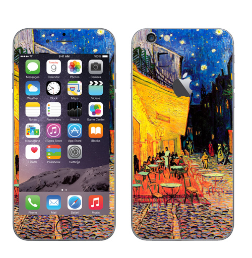 Наклейка на Телефон Apple iPhone 6 с яблоком Ночная террасса кафе. Ван Гог,  купить в Москве – интернет-магазин Allskins, позитив, жизнерадостный, Ночнаятеррасса, Ван Гог, живописный, желтый, синий, красный, живопись, художник, художественный, мазки, кафе, ночь, плакат