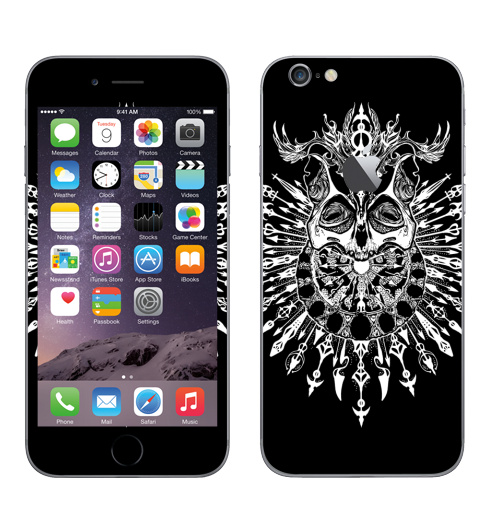 Наклейка на Телефон Apple iPhone 6 с яблоком Черепокот второй,  купить в Москве – интернет-магазин Allskins, черно-белое, хэллоуин, графика, оккультизм, хоррор, череп, кошка