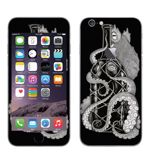 Наклейка на Телефон Apple iPhone 6 с яблоком Алкоголик-водолаз,  купить в Москве – интернет-магазин Allskins, черно-белое, осьминог, животные, графика, алкоголь
