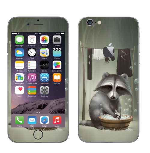 Наклейка на Телефон Apple iPhone 6 с яблоком Енот полоскун,  купить в Москве – интернет-магазин Allskins, милые животные, прикол, животные, лес, пузырьки, мыльный, стирка, енот