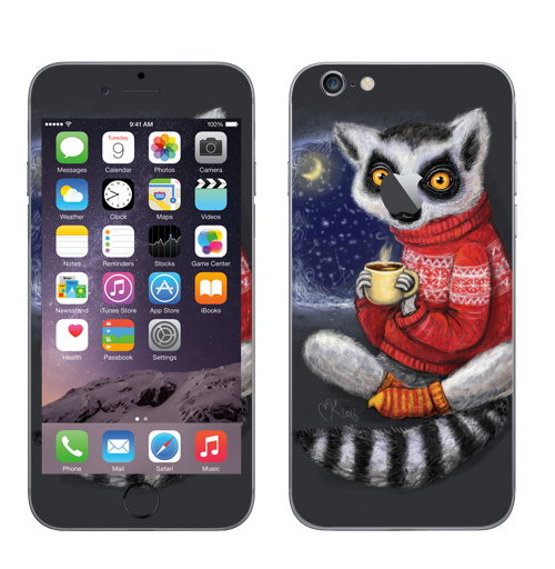 Наклейка на Телефон Apple iPhone 6 с яблоком Уютный лемур,  купить в Москве – интернет-магазин Allskins, милые животные, теплый, мило, животные, новый год, ночь, какао, уютно, зима, свитер, лемур