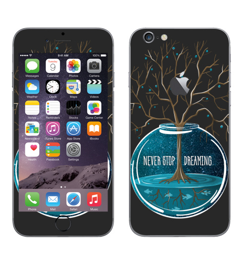 Наклейка на Телефон Apple iPhone 6 с яблоком Не переставай мечтать,  купить в Москве – интернет-магазин Allskins, мечта, синий, бирюзовый, космос, деревья, рыба, вода, гики, растр, галактика