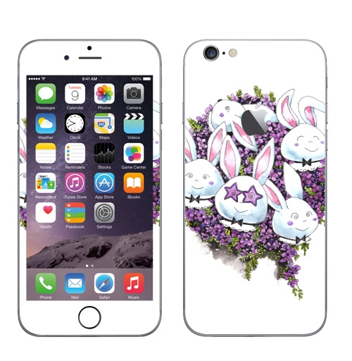 Наклейка на Телефон Apple iPhone 6 с яблоком Позитивные зайчики,  купить в Москве – интернет-магазин Allskins, милые животные, акварель, животные, прикольные_рисунки, цветы, букет, заяц, зайчонок, рокнролл, фиолетовый