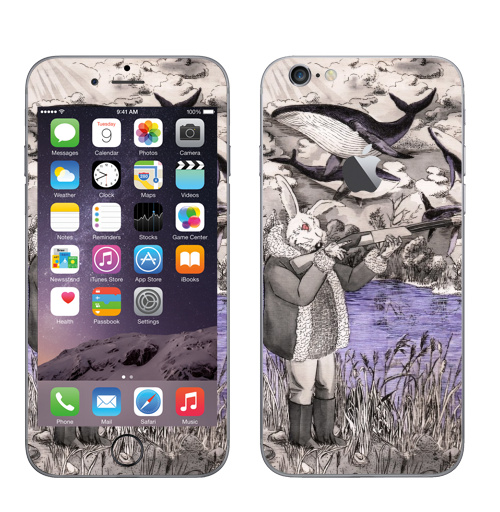 Наклейка на Телефон Apple iPhone 6 с яблоком Разлетались тут,  купить в Москве – интернет-магазин Allskins, дед, злой_кролик, заяц, летающие_киты, киты, ружьё