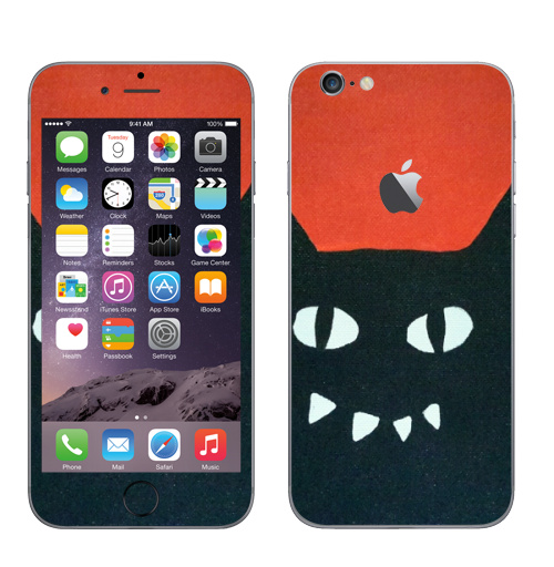 Наклейка на Телефон Apple iPhone 6 с яблоком Черный кот на красном.,  купить в Москве – интернет-магазин Allskins, кошка, животные, Красночерный, черный, черныйкот, красный, Глазищи, зубастый