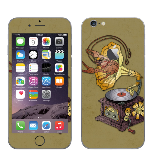 Наклейка на Телефон Apple iPhone 6 с яблоком Граммофон с лобстером.,  купить в Москве – интернет-магазин Allskins, прикол, Рак, животные, стимпанк, графика, ретро, ретрофутуризм, винтаж, механизм, музыка