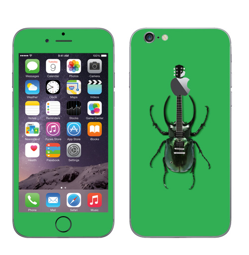 Наклейка на Телефон Apple iPhone 6 с яблоком Музыка насекомых,  купить в Москве – интернет-магазин Allskins, жук, насекомые, гитара, зеленый, музыка, природа, поп-арт, сюрреализм