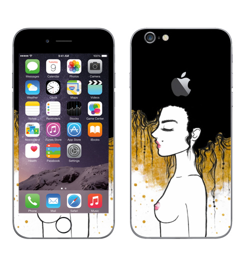 Наклейка на Телефон Apple iPhone 6 с яблоком Золото,  купить в Москве – интернет-магазин Allskins, золото, ЗОЛОТОЙ, нюд, эротика, девушка, красный, красота, красавица, рисунки, климт