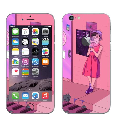 Наклейка на Телефон Apple iPhone 6 с яблоком Розовый вечер,  купить в Москве – интернет-магазин Allskins, розовый, кафе, девушка, улица, искусство, молота, вечер