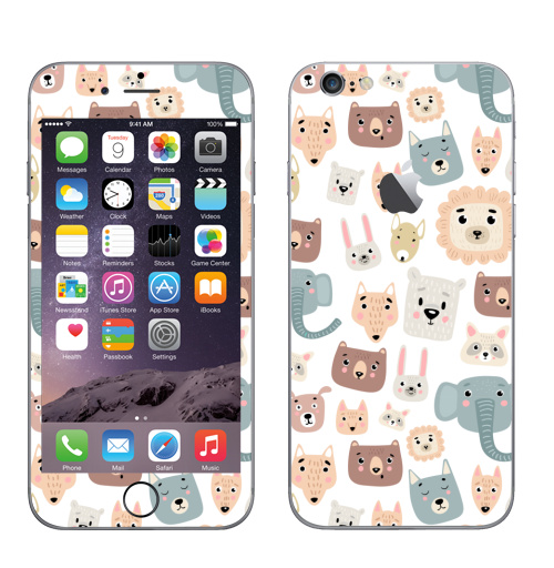 Наклейка на Телефон Apple iPhone 6 с яблоком Зверята,  купить в Москве – интернет-магазин Allskins, лев, слоны, собаки, енот, медведь, детские, питбуль, заяц