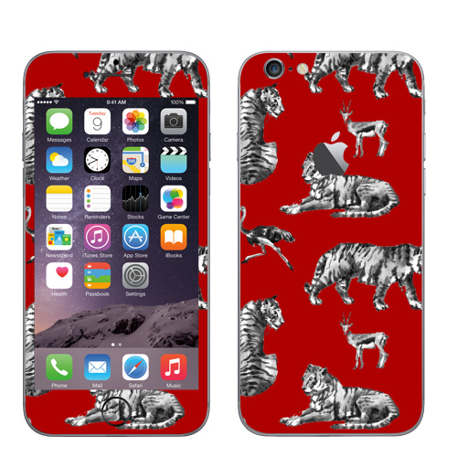 Наклейка на Телефон Apple iPhone 6 с яблоком Тигры на красном,  купить в Москве – интернет-магазин Allskins, зверушки, африка, Саванна, антилопа, дикая, природа, фауна, хищник, добыча