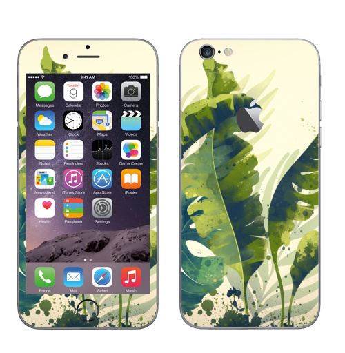 Наклейка на Телефон Apple iPhone 6 с яблоком Ветки пальм,  купить в Москве – интернет-магазин Allskins, пальма, ветка, рисунки, акварель, природа, экзотика, тропики, зеленый, брызги