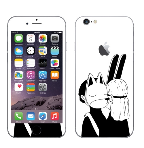Наклейка на Телефон Apple iPhone 6 с яблоком Лис и зайка,  купить в Москве – интернет-магазин Allskins, черное и белое, заяц, лиса, любовь